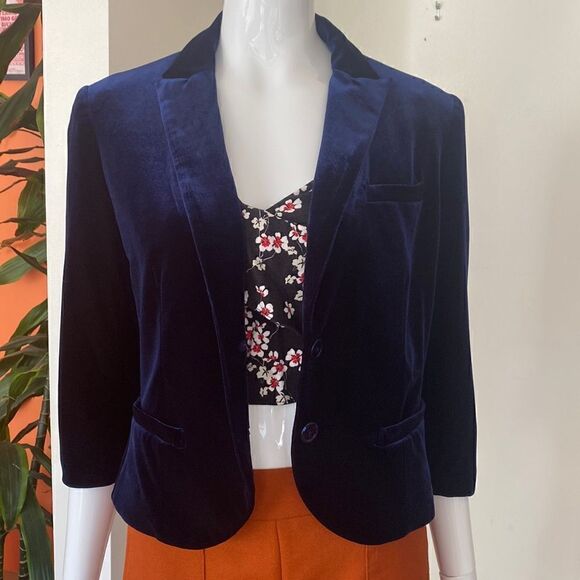 Iisli New York Blue 3/4 Sleeve Velvet Button Up Blazer Size 6 - Picture 1 of 13